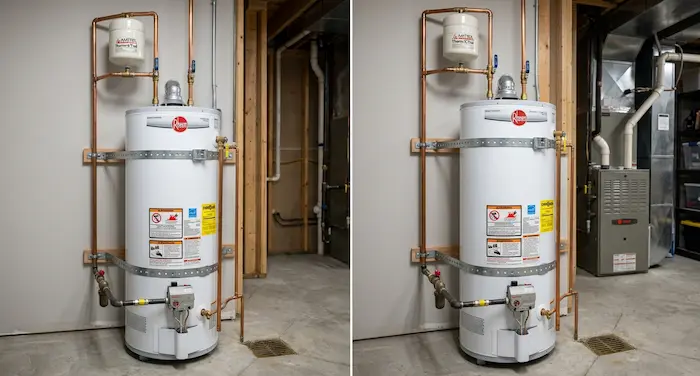 Hot water tank replacement comparison — old vs new installation
