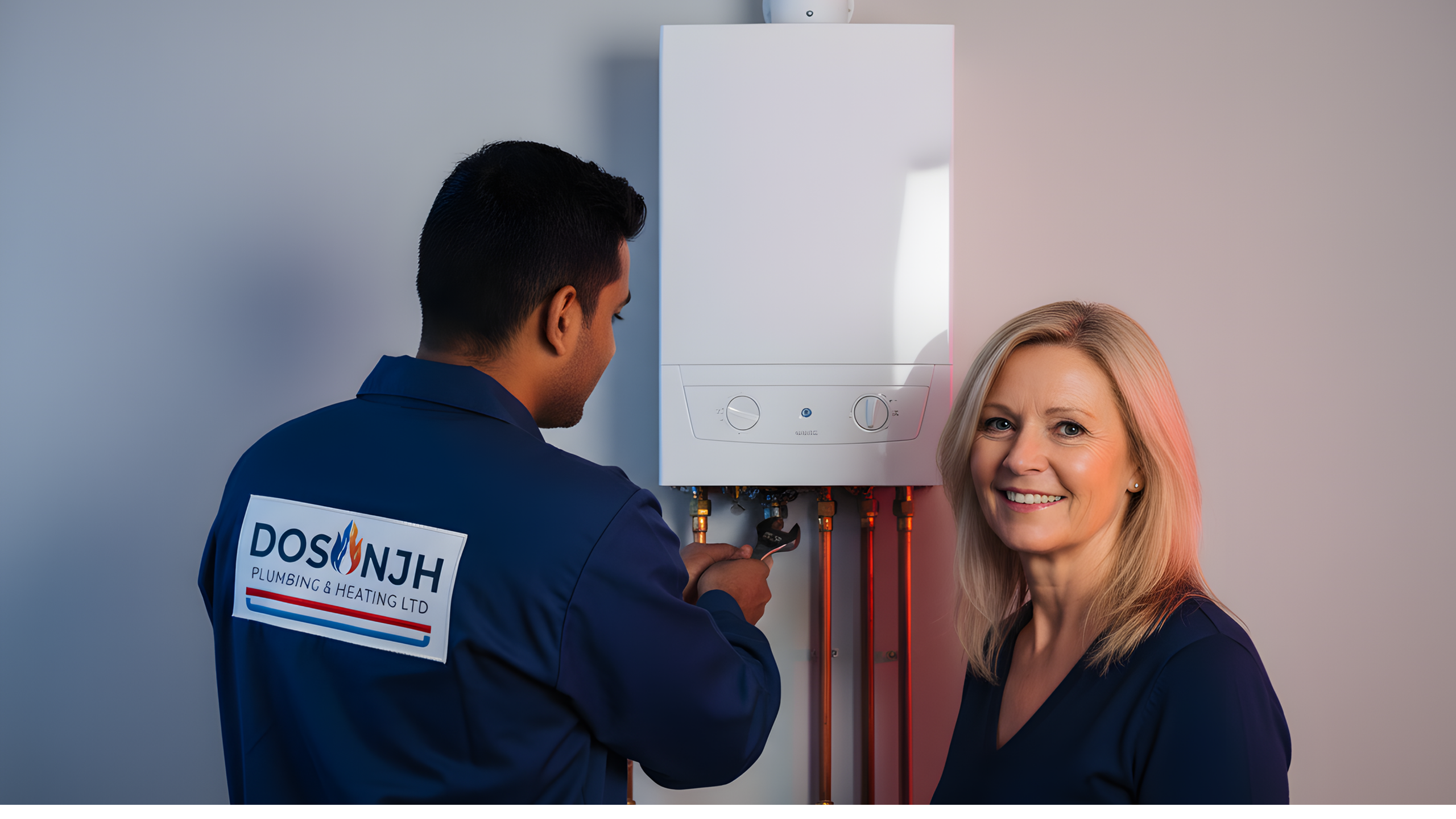 Plumber with logo on back talking to satisfied customer next to boiler.